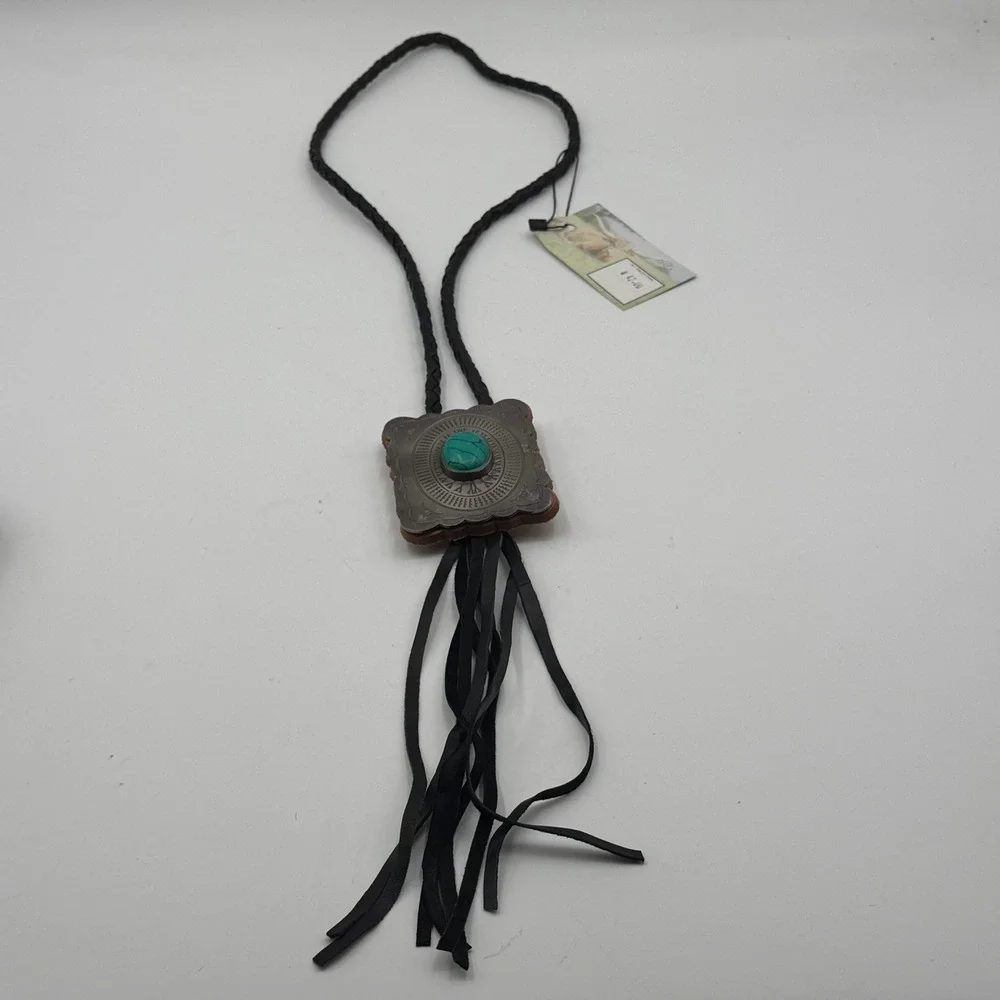 Western Bolo Tie Silver Turquoise Concho Braided Leather Fringe Tassel Black